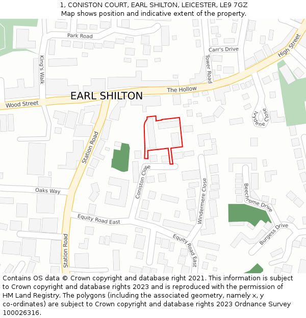 1, CONISTON COURT, EARL SHILTON, LEICESTER, LE9 7GZ: Location map and indicative extent of plot