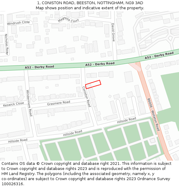 1, CONISTON ROAD, BEESTON, NOTTINGHAM, NG9 3AD: Location map and indicative extent of plot