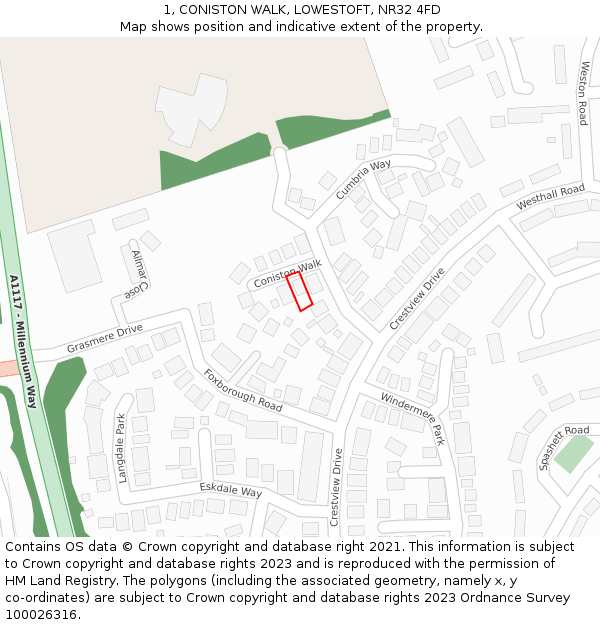 1, CONISTON WALK, LOWESTOFT, NR32 4FD: Location map and indicative extent of plot