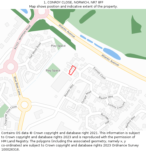1, CONROY CLOSE, NORWICH, NR7 8FF: Location map and indicative extent of plot
