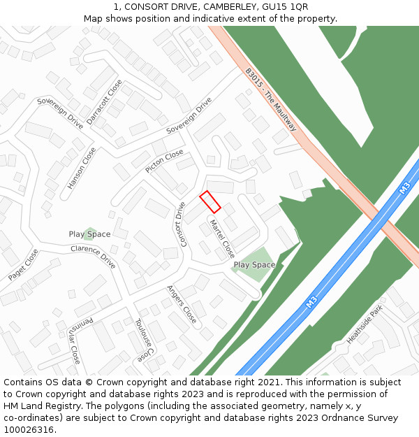 1, CONSORT DRIVE, CAMBERLEY, GU15 1QR: Location map and indicative extent of plot