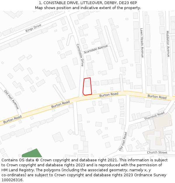 1, CONSTABLE DRIVE, LITTLEOVER, DERBY, DE23 6EP: Location map and indicative extent of plot
