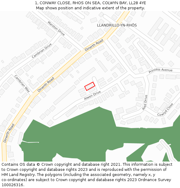 1, CONWAY CLOSE, RHOS ON SEA, COLWYN BAY, LL28 4YE: Location map and indicative extent of plot