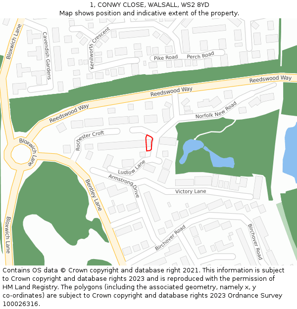 1, CONWY CLOSE, WALSALL, WS2 8YD: Location map and indicative extent of plot