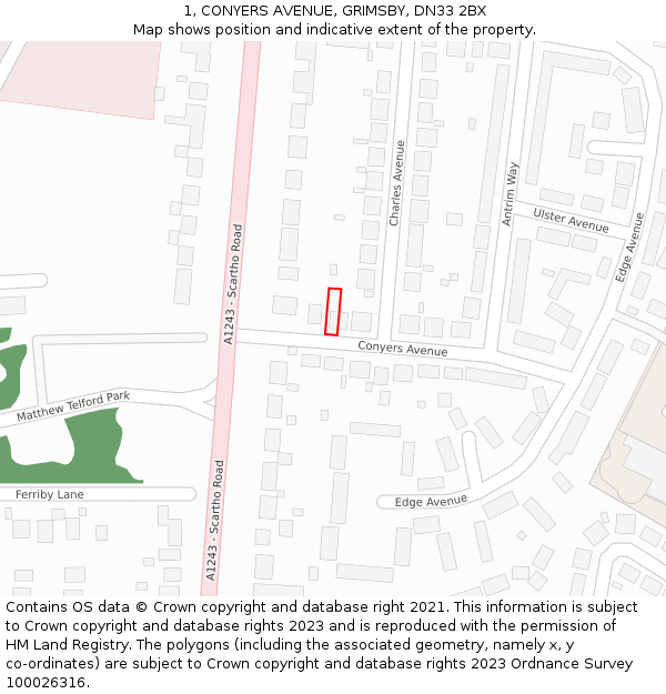 1, CONYERS AVENUE, GRIMSBY, DN33 2BX: Location map and indicative extent of plot