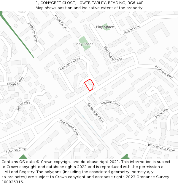 1, CONYGREE CLOSE, LOWER EARLEY, READING, RG6 4XE: Location map and indicative extent of plot
