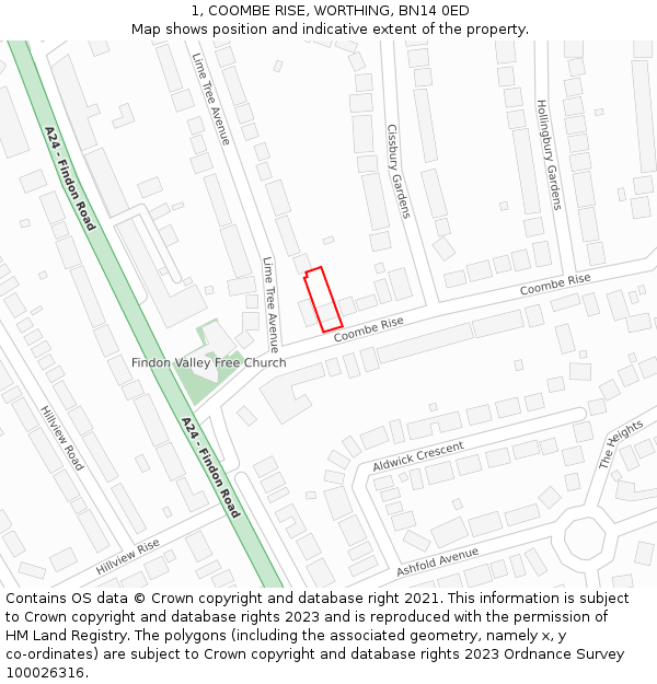1, COOMBE RISE, WORTHING, BN14 0ED: Location map and indicative extent of plot