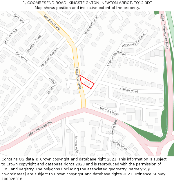 1, COOMBESEND ROAD, KINGSTEIGNTON, NEWTON ABBOT, TQ12 3DT: Location map and indicative extent of plot