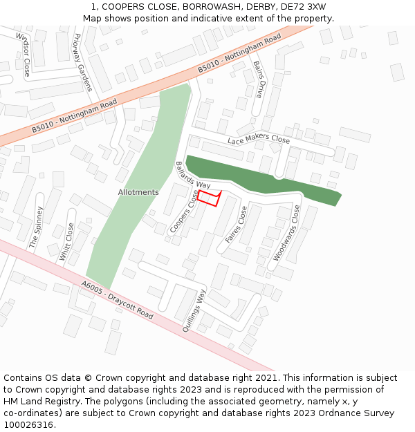 1, COOPERS CLOSE, BORROWASH, DERBY, DE72 3XW: Location map and indicative extent of plot