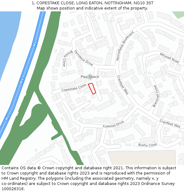 1, COPESTAKE CLOSE, LONG EATON, NOTTINGHAM, NG10 3ST: Location map and indicative extent of plot