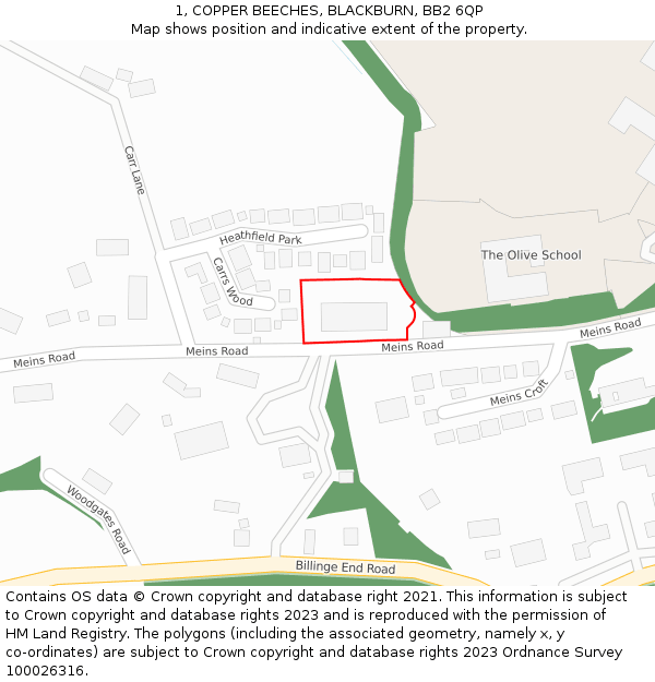 1, COPPER BEECHES, BLACKBURN, BB2 6QP: Location map and indicative extent of plot