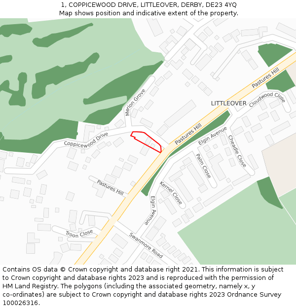 1, COPPICEWOOD DRIVE, LITTLEOVER, DERBY, DE23 4YQ: Location map and indicative extent of plot