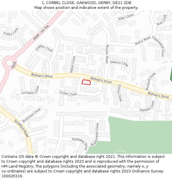 1, CORBEL CLOSE, OAKWOOD, DERBY, DE21 2DB: Location map and indicative extent of plot