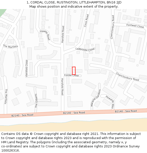 1, CORDAL CLOSE, RUSTINGTON, LITTLEHAMPTON, BN16 2JD: Location map and indicative extent of plot