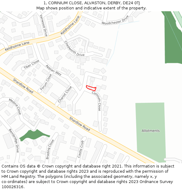 1, CORINIUM CLOSE, ALVASTON, DERBY, DE24 0TJ: Location map and indicative extent of plot