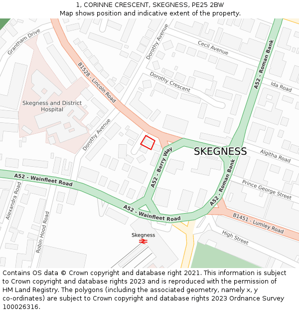 1, CORINNE CRESCENT, SKEGNESS, PE25 2BW: Location map and indicative extent of plot
