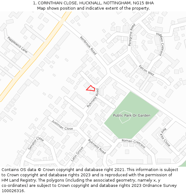 1, CORINTHIAN CLOSE, HUCKNALL, NOTTINGHAM, NG15 8HA: Location map and indicative extent of plot