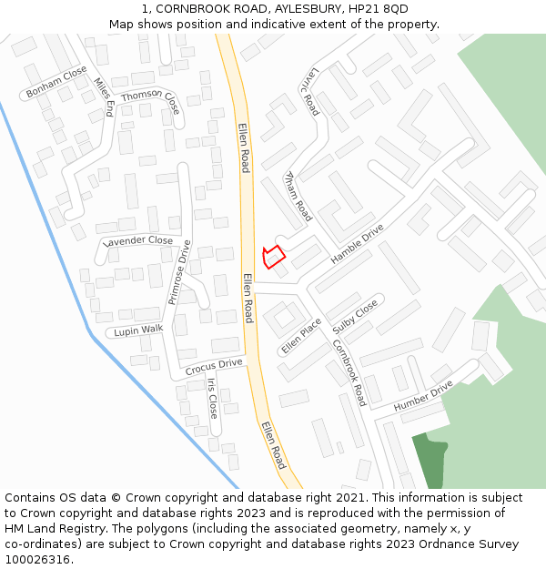 1, CORNBROOK ROAD, AYLESBURY, HP21 8QD: Location map and indicative extent of plot