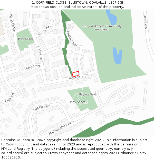 1, CORNFIELD CLOSE, ELLISTOWN, COALVILLE, LE67 1GJ: Location map and indicative extent of plot