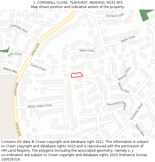 1, CORNWALL CLOSE, TILEHURST, READING, RG31 6FS: Location map and indicative extent of plot