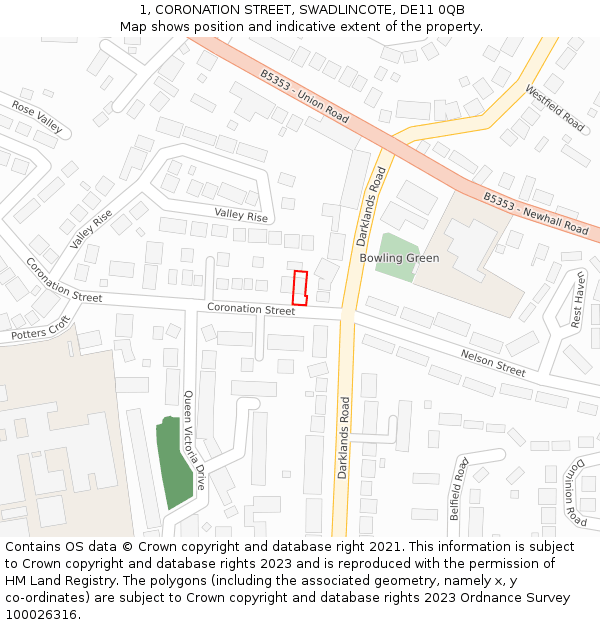 1, CORONATION STREET, SWADLINCOTE, DE11 0QB: Location map and indicative extent of plot