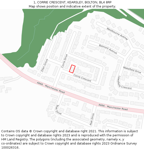 1, CORRIE CRESCENT, KEARSLEY, BOLTON, BL4 8RP: Location map and indicative extent of plot