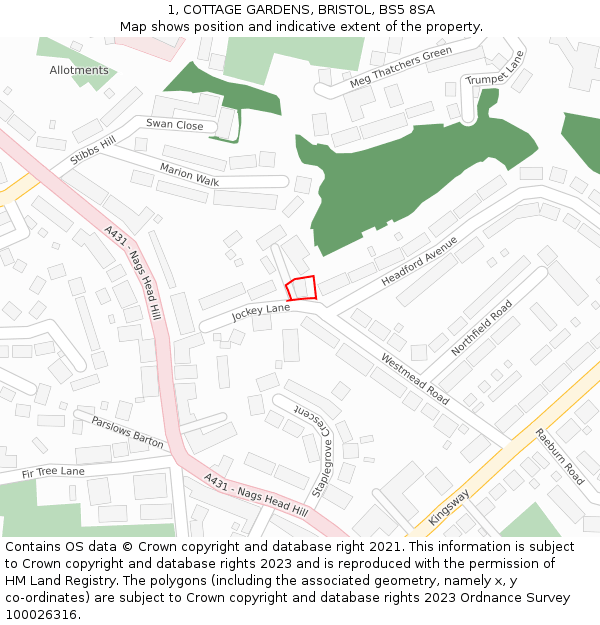 1, COTTAGE GARDENS, BRISTOL, BS5 8SA: Location map and indicative extent of plot