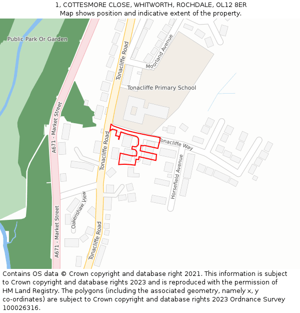 1, COTTESMORE CLOSE, WHITWORTH, ROCHDALE, OL12 8ER: Location map and indicative extent of plot