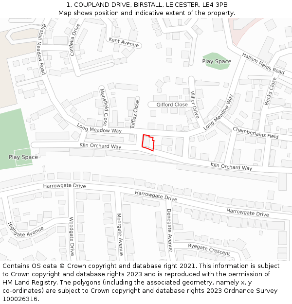 1, COUPLAND DRIVE, BIRSTALL, LEICESTER, LE4 3PB: Location map and indicative extent of plot