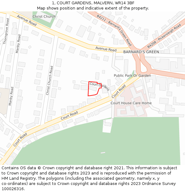 1, COURT GARDENS, MALVERN, WR14 3BF: Location map and indicative extent of plot