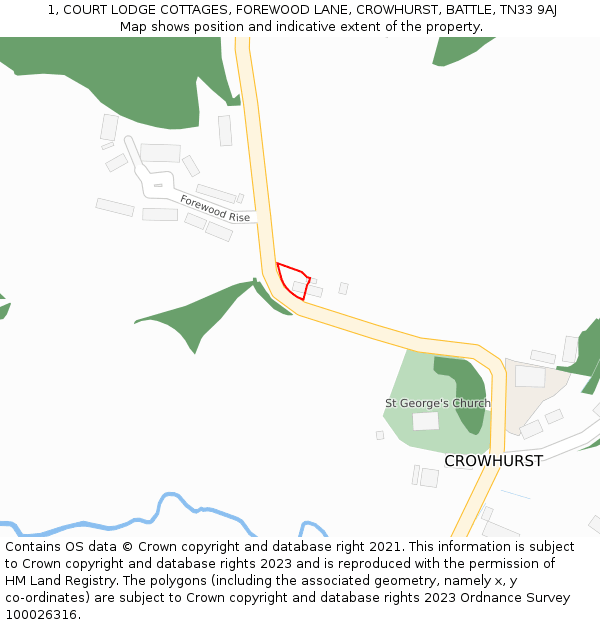 1, COURT LODGE COTTAGES, FOREWOOD LANE, CROWHURST, BATTLE, TN33 9AJ: Location map and indicative extent of plot
