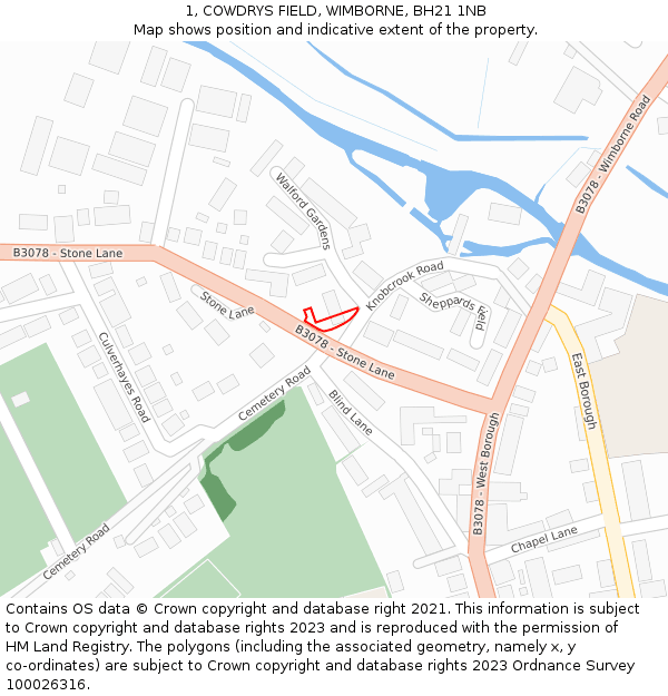 1, COWDRYS FIELD, WIMBORNE, BH21 1NB: Location map and indicative extent of plot