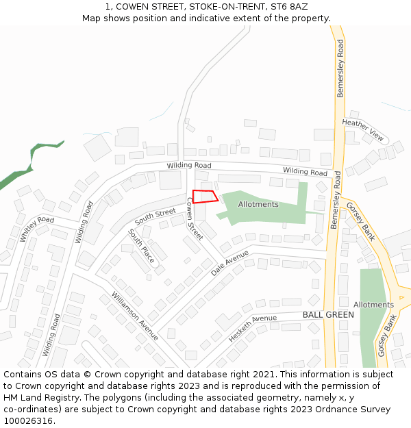 1, COWEN STREET, STOKE-ON-TRENT, ST6 8AZ: Location map and indicative extent of plot