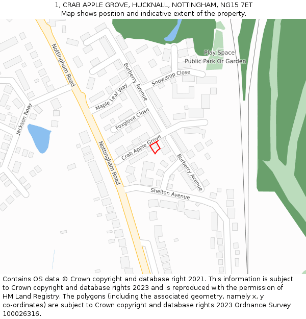 1, CRAB APPLE GROVE, HUCKNALL, NOTTINGHAM, NG15 7ET: Location map and indicative extent of plot