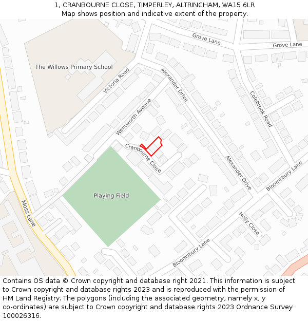 1, CRANBOURNE CLOSE, TIMPERLEY, ALTRINCHAM, WA15 6LR: Location map and indicative extent of plot