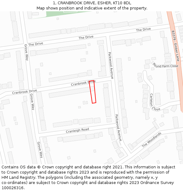 1, CRANBROOK DRIVE, ESHER, KT10 8DL: Location map and indicative extent of plot