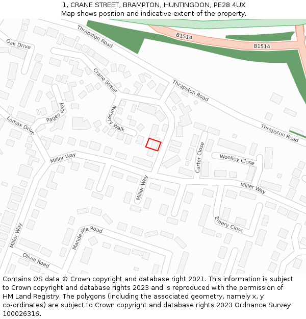 1, CRANE STREET, BRAMPTON, HUNTINGDON, PE28 4UX: Location map and indicative extent of plot