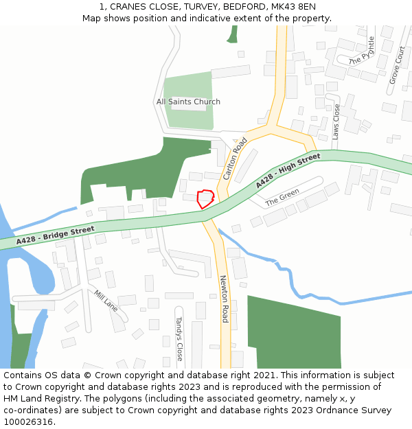 1, CRANES CLOSE, TURVEY, BEDFORD, MK43 8EN: Location map and indicative extent of plot