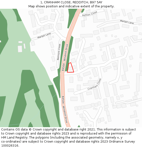 1, CRANHAM CLOSE, REDDITCH, B97 5AY: Location map and indicative extent of plot