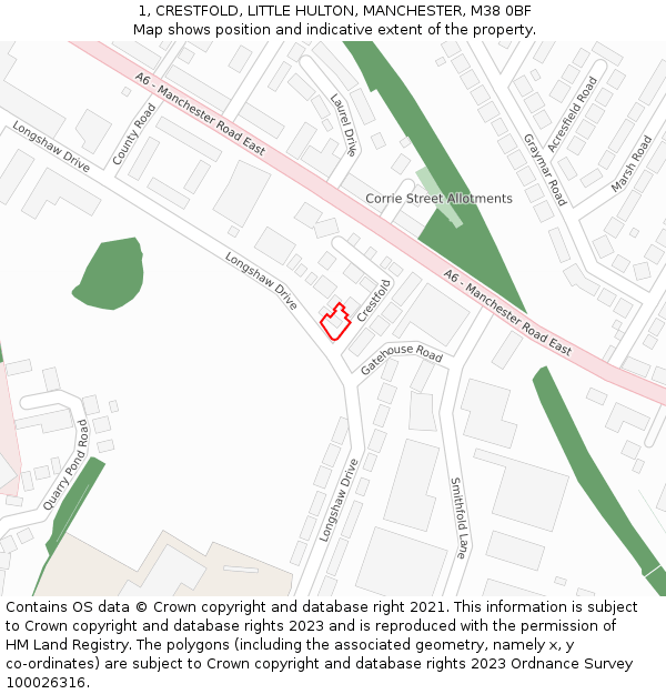 1, CRESTFOLD, LITTLE HULTON, MANCHESTER, M38 0BF: Location map and indicative extent of plot