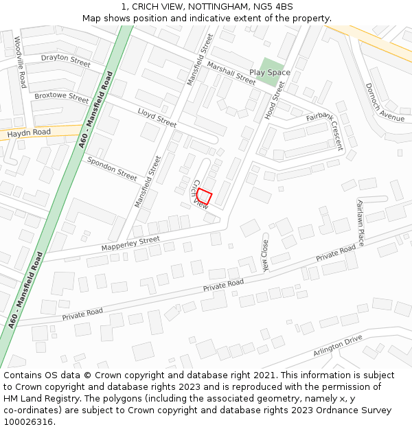 1, CRICH VIEW, NOTTINGHAM, NG5 4BS: Location map and indicative extent of plot