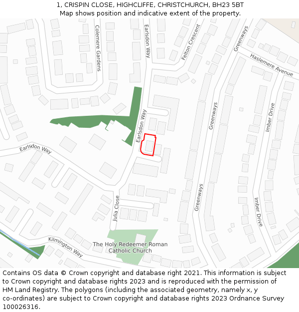 1, CRISPIN CLOSE, HIGHCLIFFE, CHRISTCHURCH, BH23 5BT: Location map and indicative extent of plot