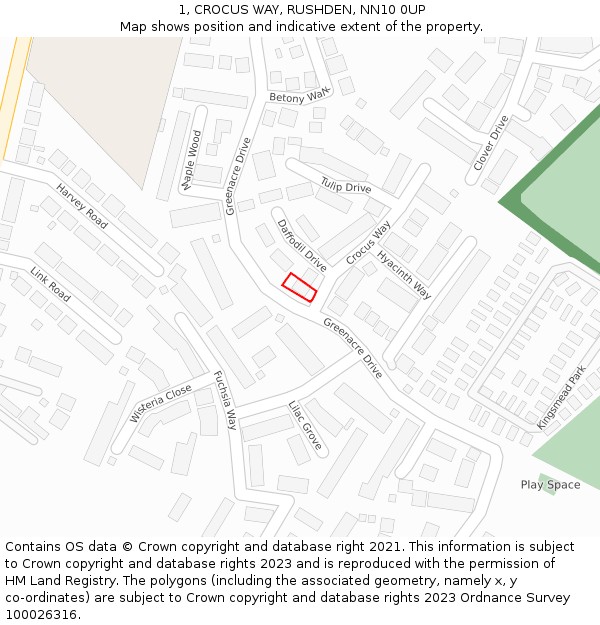 1, CROCUS WAY, RUSHDEN, NN10 0UP: Location map and indicative extent of plot