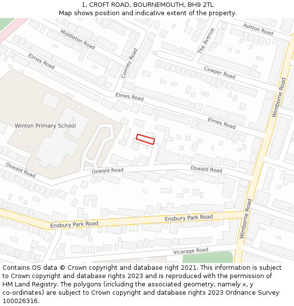 1, CROFT ROAD, BOURNEMOUTH, BH9 2TL: Location map and indicative extent of plot
