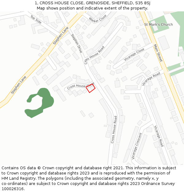 1, CROSS HOUSE CLOSE, GRENOSIDE, SHEFFIELD, S35 8SJ: Location map and indicative extent of plot