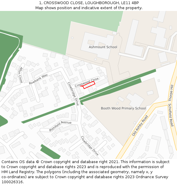 1, CROSSWOOD CLOSE, LOUGHBOROUGH, LE11 4BP: Location map and indicative extent of plot