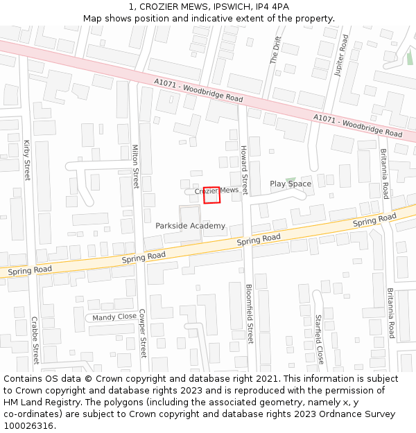 1, CROZIER MEWS, IPSWICH, IP4 4PA: Location map and indicative extent of plot