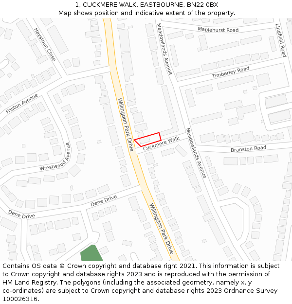 1, CUCKMERE WALK, EASTBOURNE, BN22 0BX: Location map and indicative extent of plot