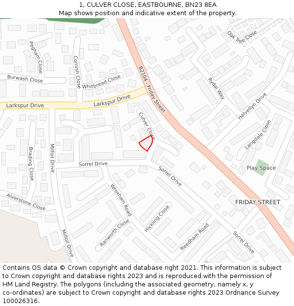 1, CULVER CLOSE, EASTBOURNE, BN23 8EA: Location map and indicative extent of plot