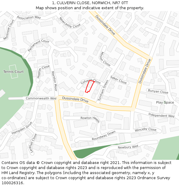 1, CULVERIN CLOSE, NORWICH, NR7 0TT: Location map and indicative extent of plot